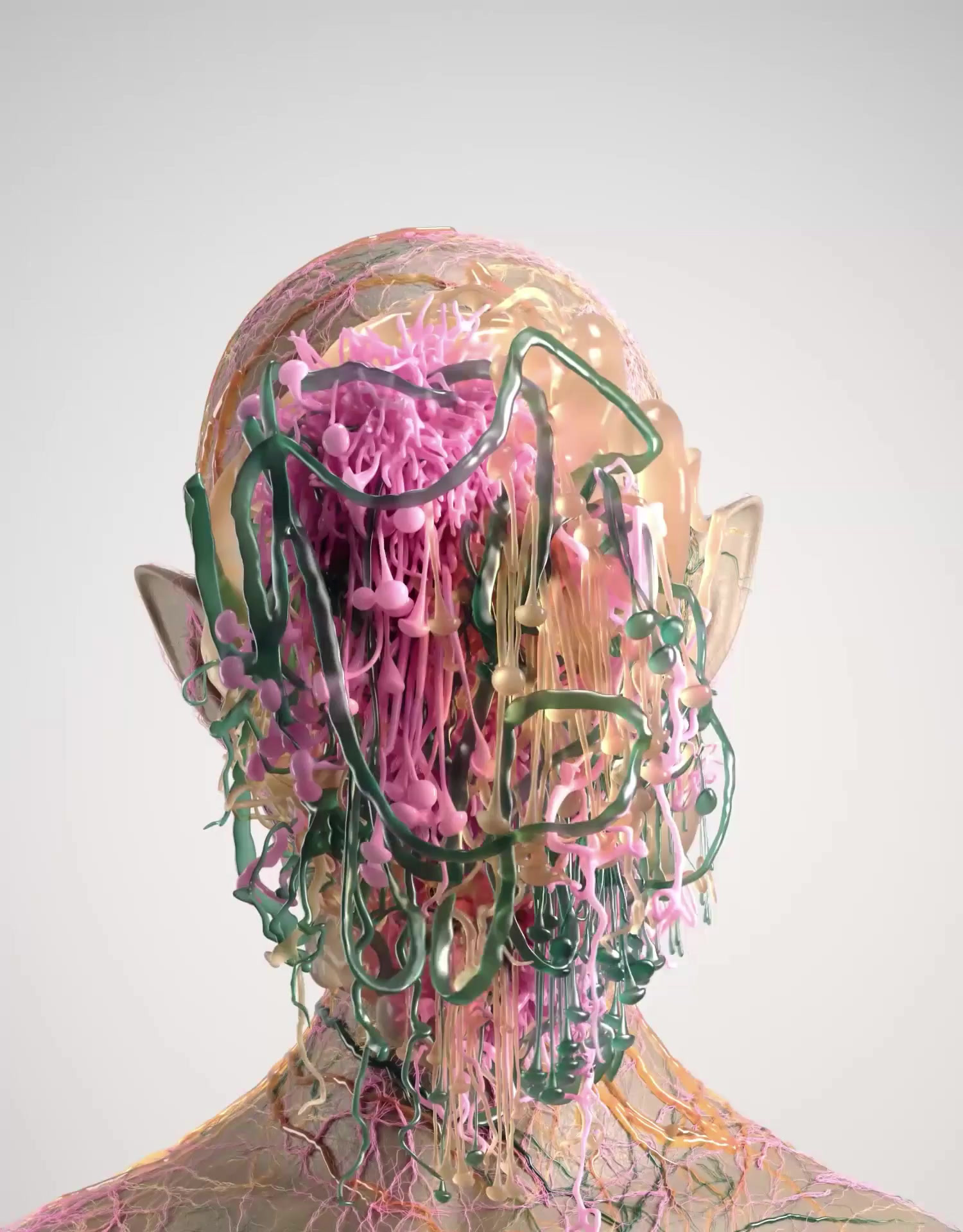 GAIA artwork by Marco Mori and Peter Tarka, a translucent sculptural head with organic pink forms