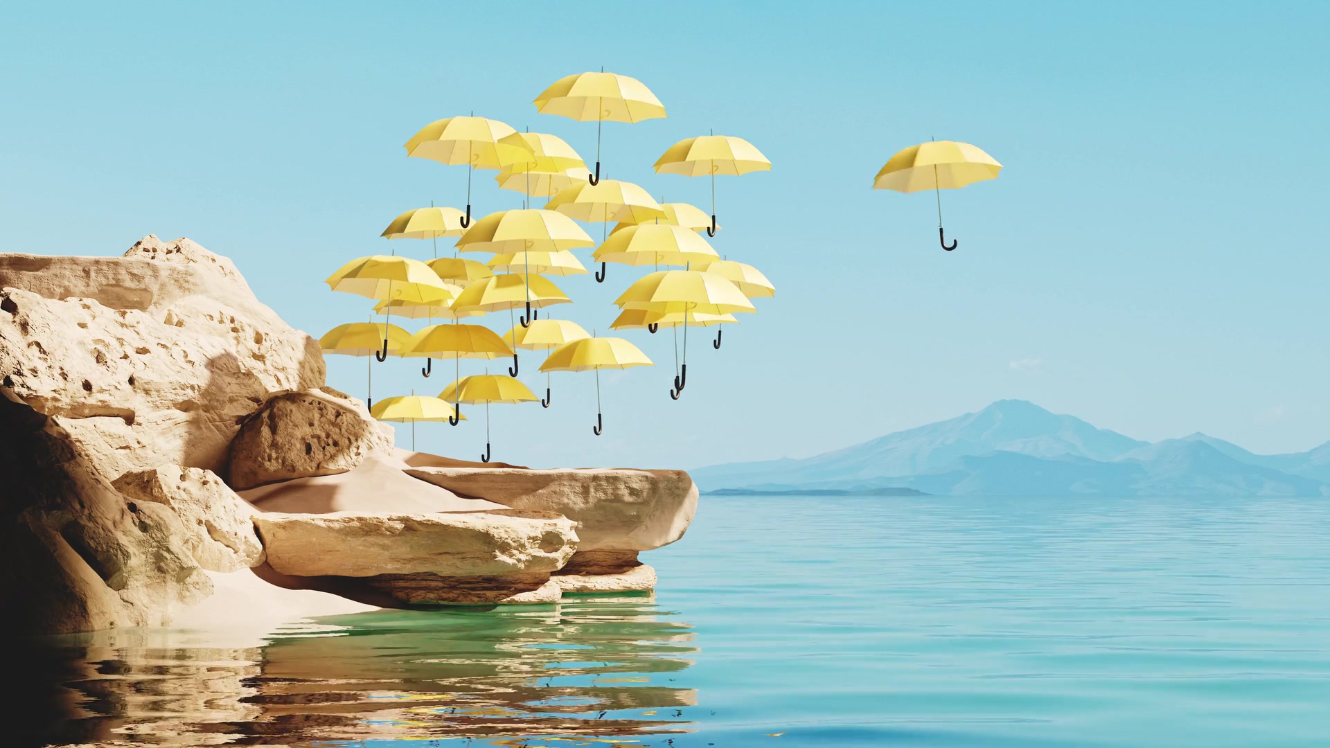 A Gathering of Shade by Paul Milinski for Samsung TX1: yellow umbrellas above a tranquil pool